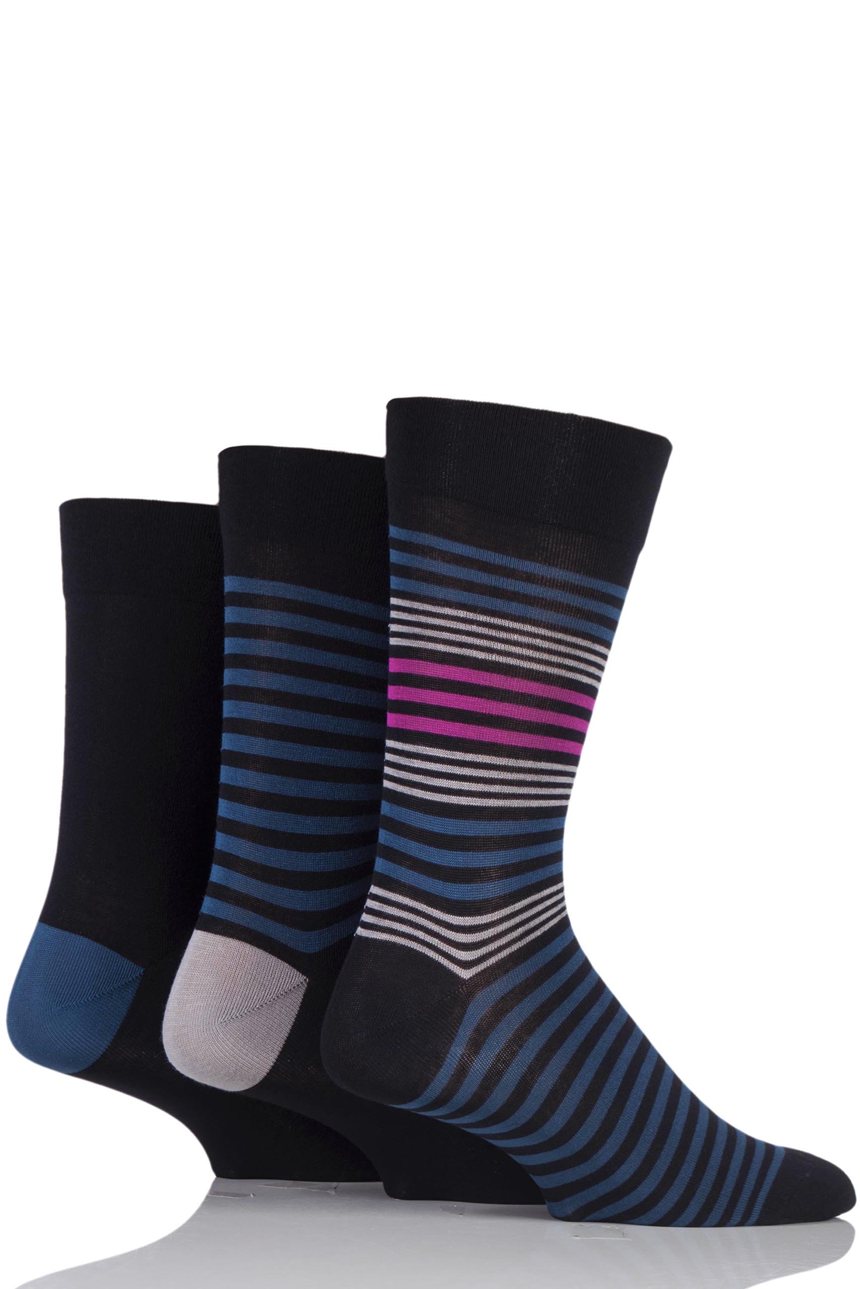 SockShop Men's Comfort Cuff Socks - Striped and Plain Soft Breathable & Cooling Bamboo Material Multipack of 3 Pairs Teal Jewel/Black 12-14