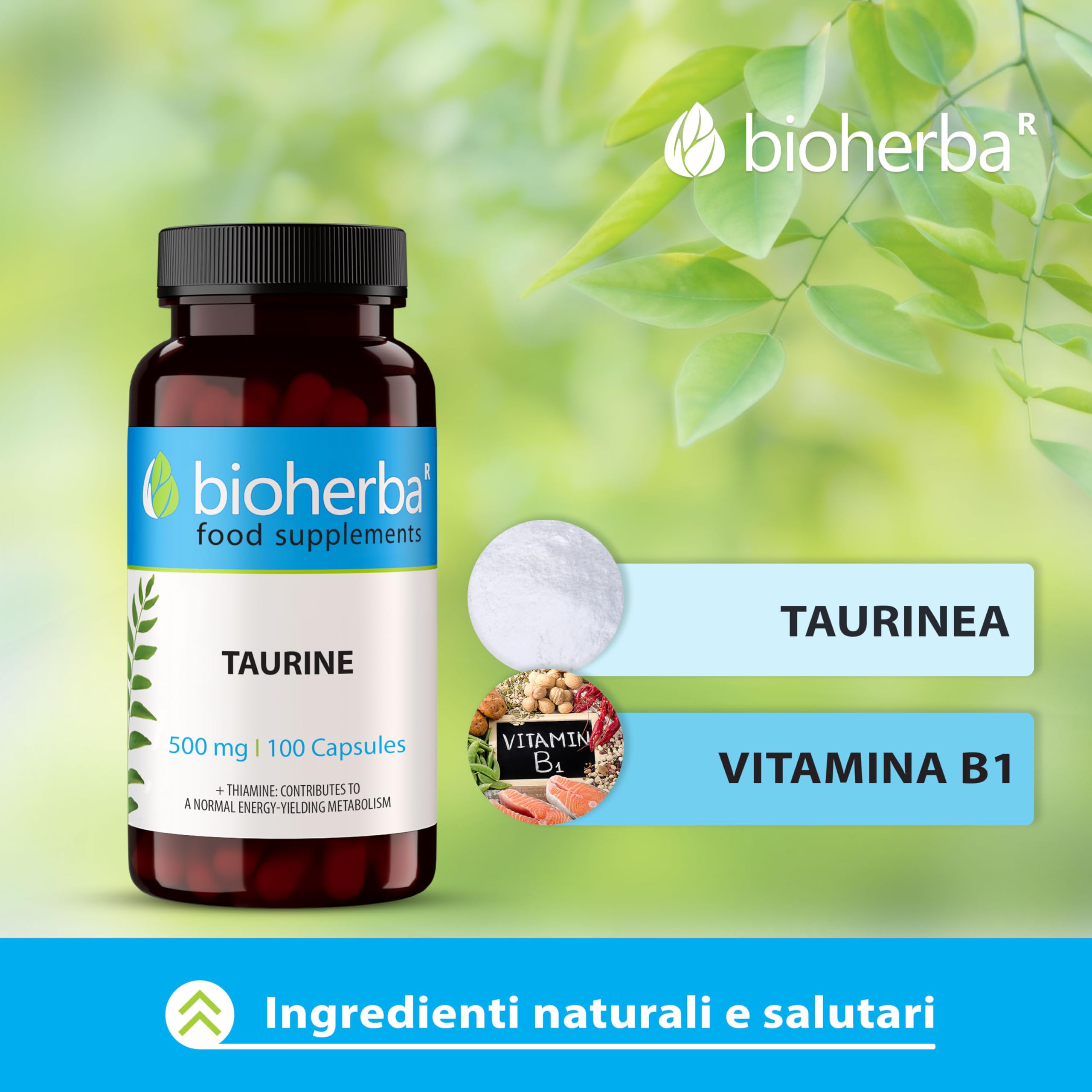 TAURINA Capsule 500 mg - 100 pezzi | Nutrimento per Pre e Post Allenamento | Senza Stearato di Magnesio o Caffeina di BIOHERBA