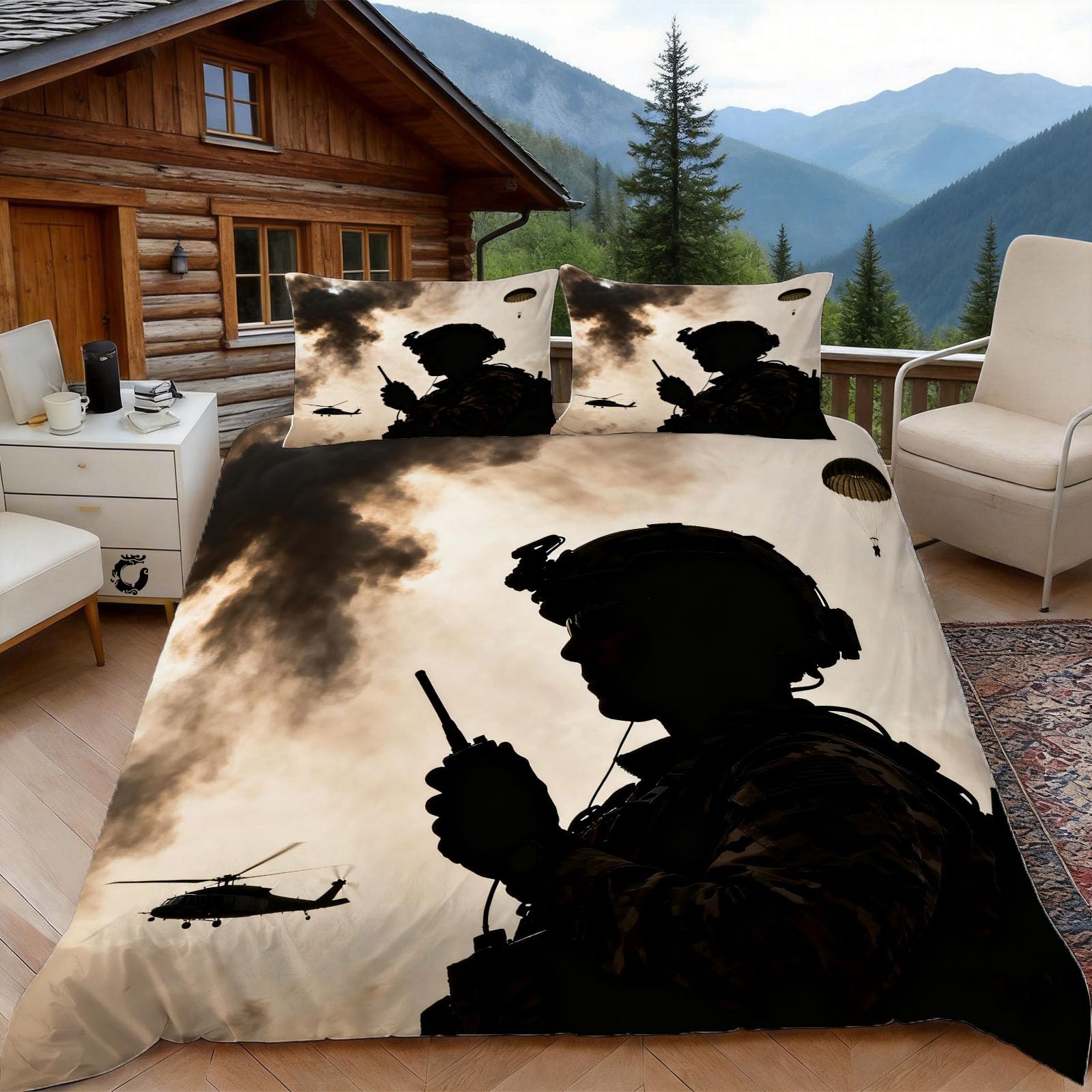 3D Double Duvet Set 3D Printed Military Silhouette Bedding, Boys Soft Microfibre Duvet Cover Sets Quilt Cover and Pillow Set with Zipper 3 Pcs