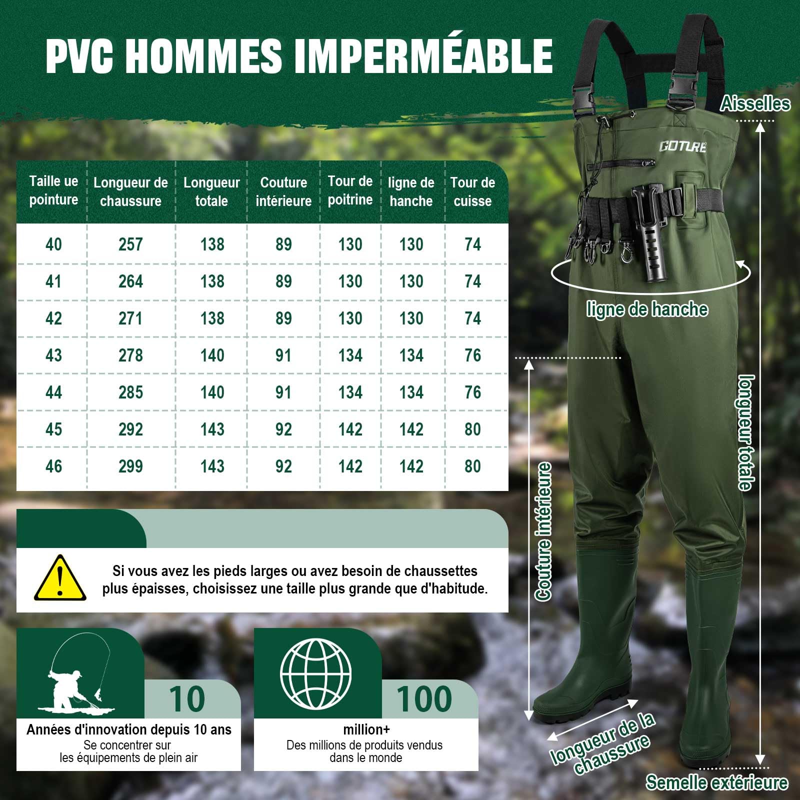 Goture Cuissardes de Waders Peche Homme Unisexe, 70D Nylon, Waders étanches pour la pêche avec Poche étanche, Chasse, Waders avec Pied de Botte, Poche étanche pour téléphone Portable, Vert