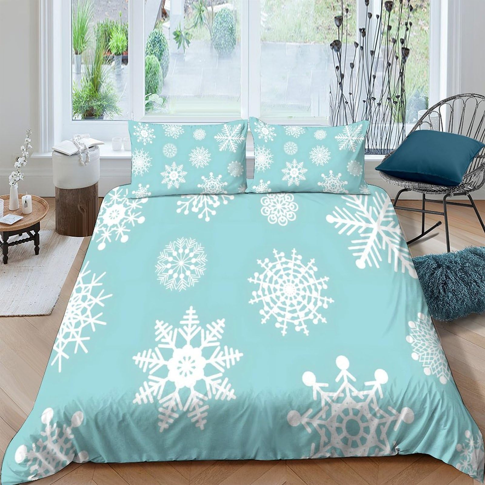 GPLZQXKJNH 3D Printed Snowflake Pattern Duvet Cover Set Microfiber Soft Blue Winter Quilt Cover with 2 Pillowcases for Bedroom Use Single（135x200cm）