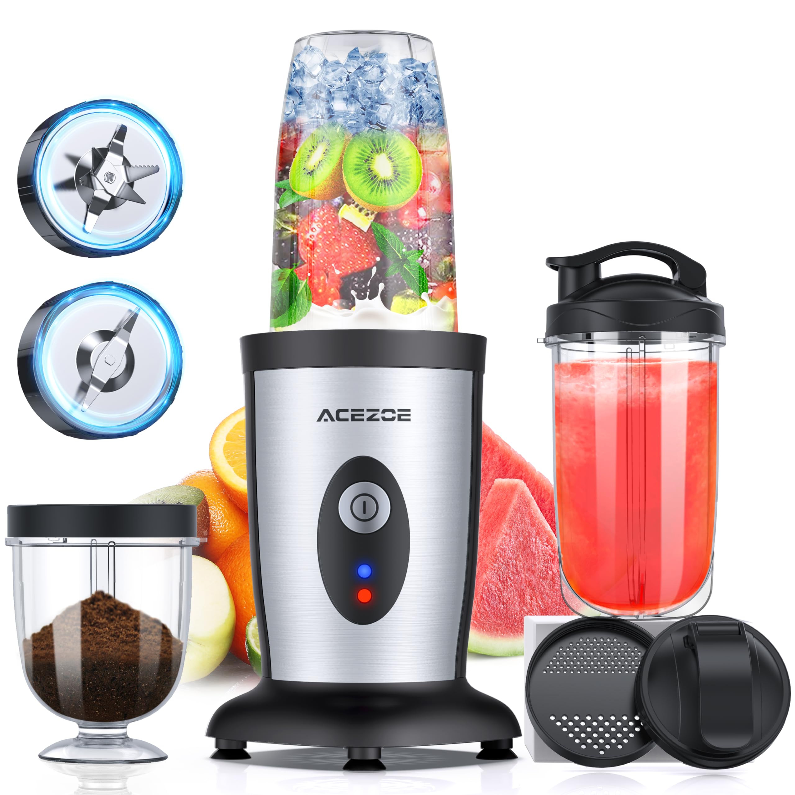 Acezoe Blender Shakes and Smoothies, 850W Portable Blender, One-Button Mixer, 3D 6-leafs, 2x17oz Personal Blender Bottle, BPA Free Kitchen, baby food, Grinding, Juice-Silver
