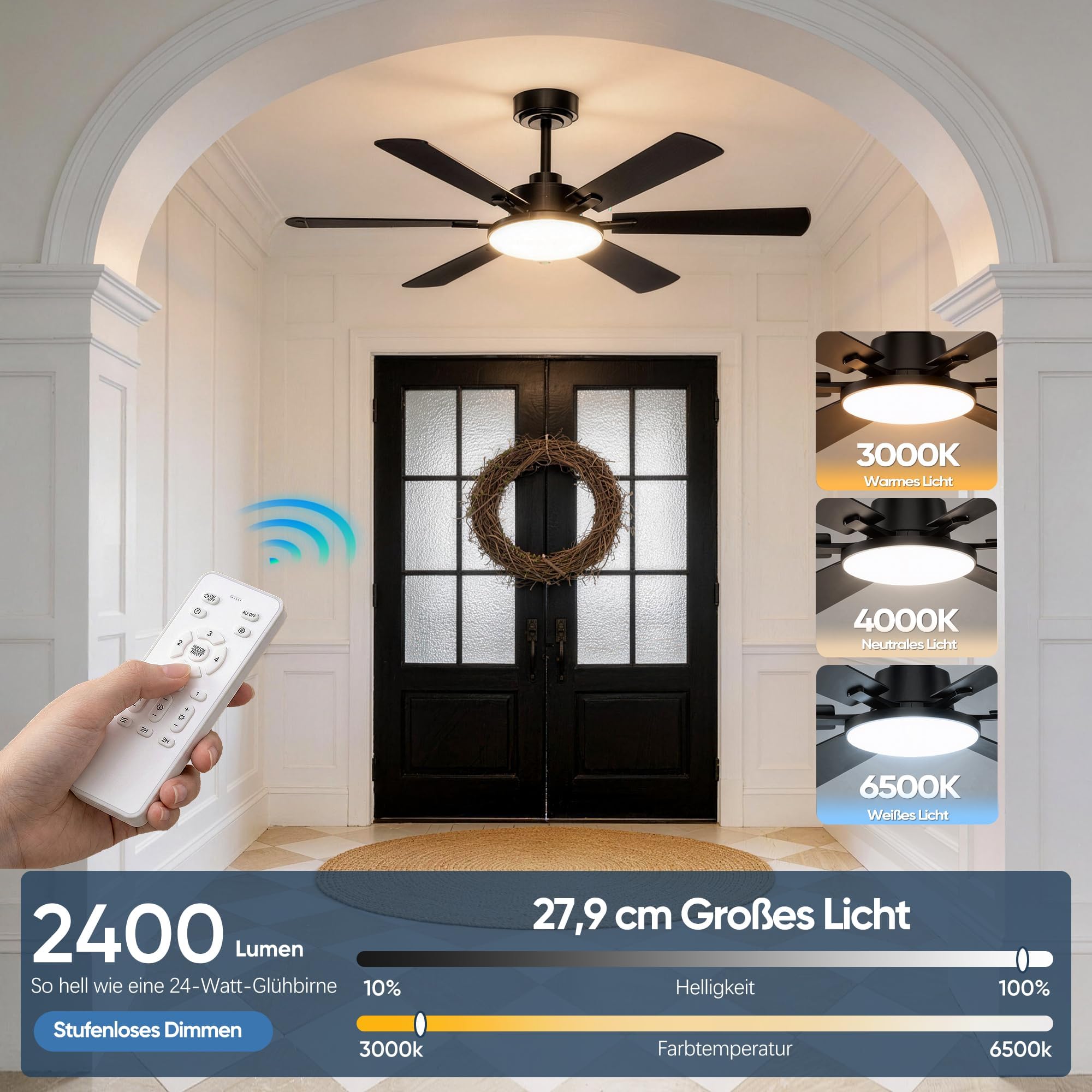 Ventilador de techo con luces de 132 cm, 6 aspas, ventilador de techo con mando a distancia, motor CC, silencioso, reversible, 6 velocidades, 3CCT, regulable, led, doble ala