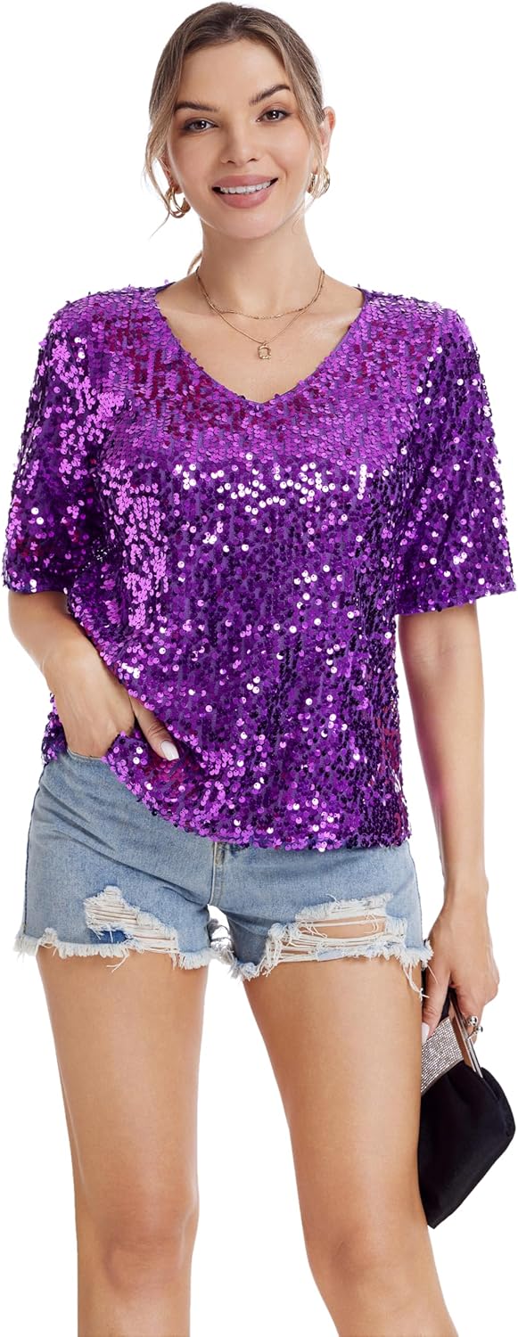 Women’s Sequin Tops Glitter V Neck Loose Summer Shirt Half Sleeve Sparkly Disco Party Plus Size Tunic Blouses - Image 4