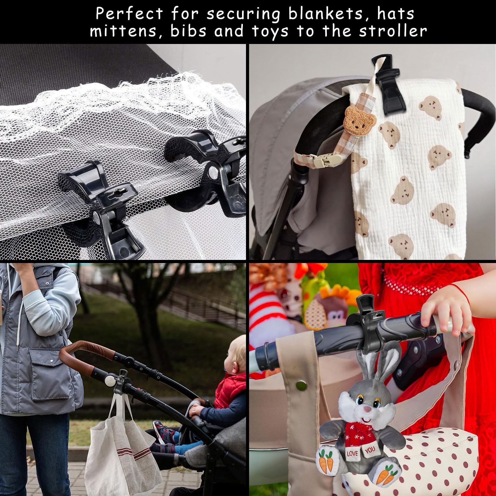 4 mollette per passeggino, clip per passeggino, clip universali, clip per il fissaggio di giocattoli, per passeggini, sedie a sdraio, sedie a rotelle (nero)