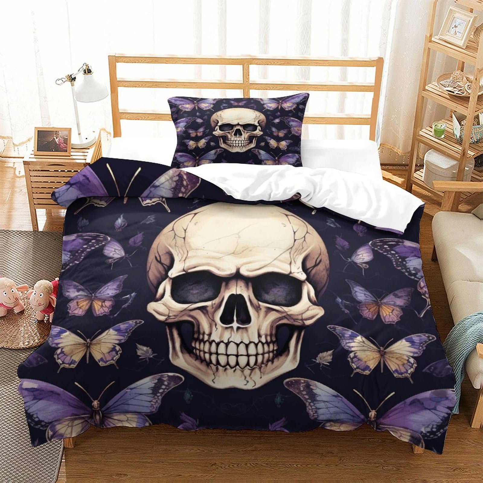 P1S9U7W5Y 3D Printed Skull Butterfly Duvet Cover Set 3pcs Microfiber Gothic Bedding Set Single