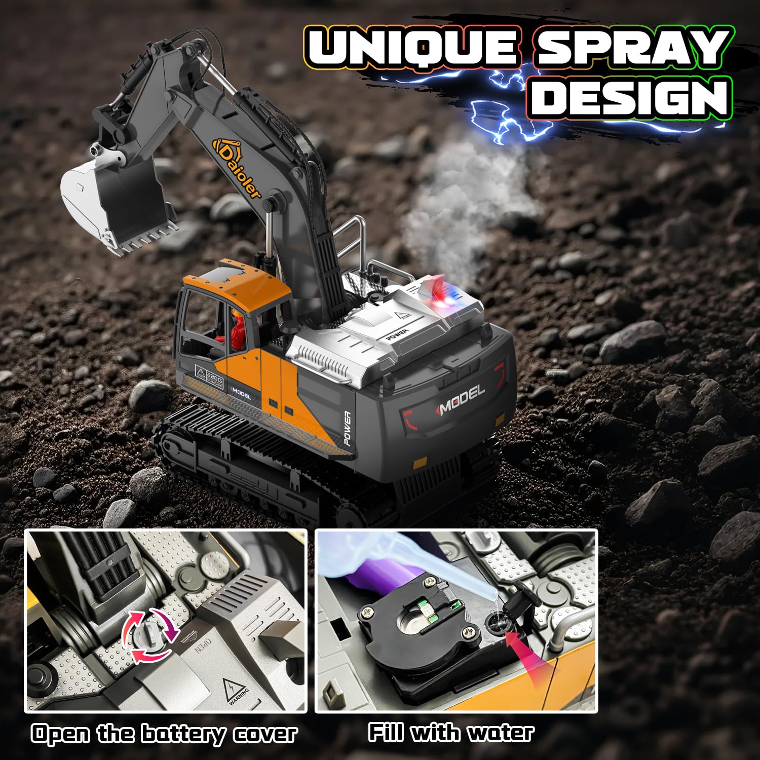 Rc Escavatore giocattolo da costruzione per bambini 3-12, auto telecomandata con spray, pala in metallo /3 × batteria /680° rotazione/luce, escavatore idraulico per ragazzi compleanno