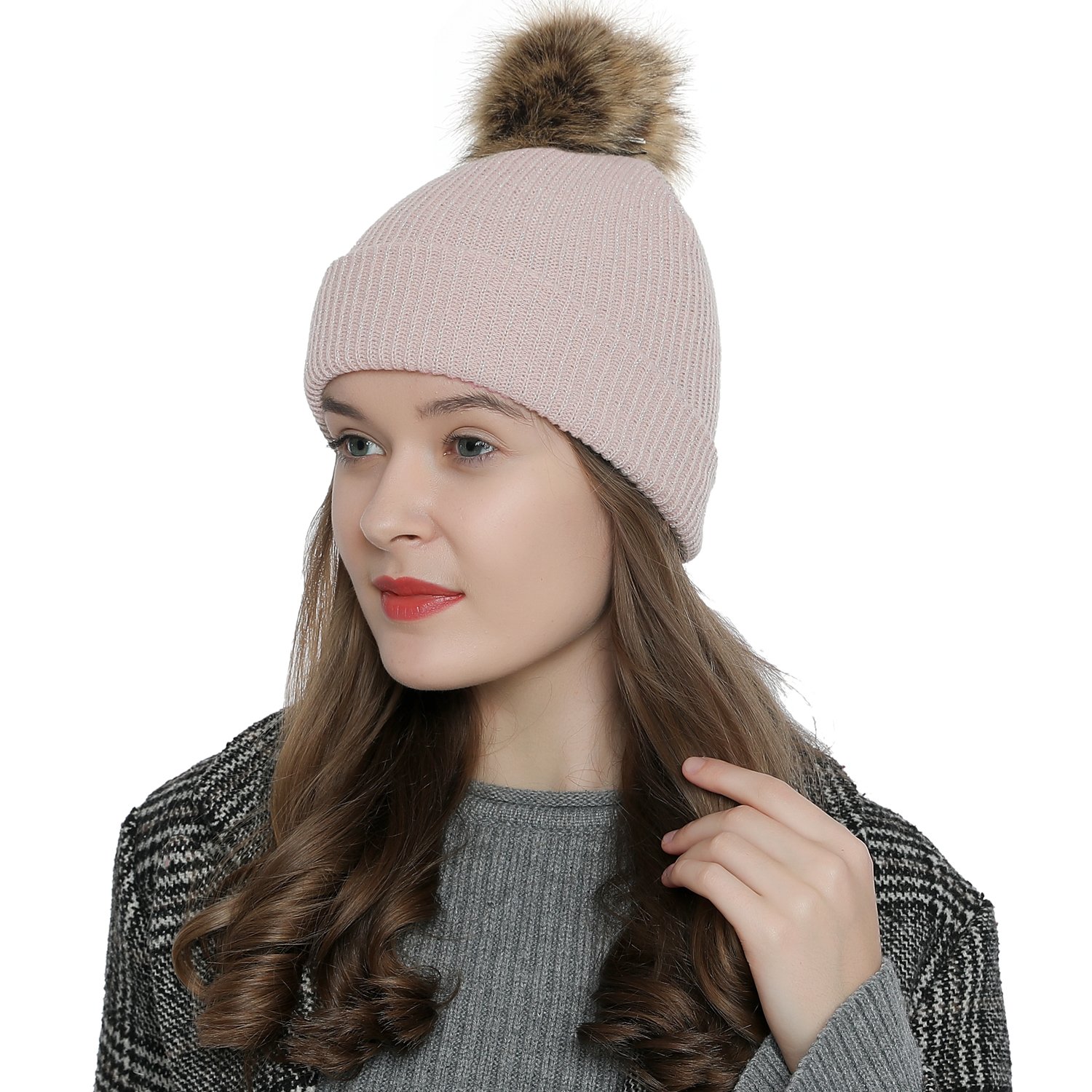 DonDon Berretto Beanie Invernale con pompon da Donna calda e morbida - beige con filetti argento