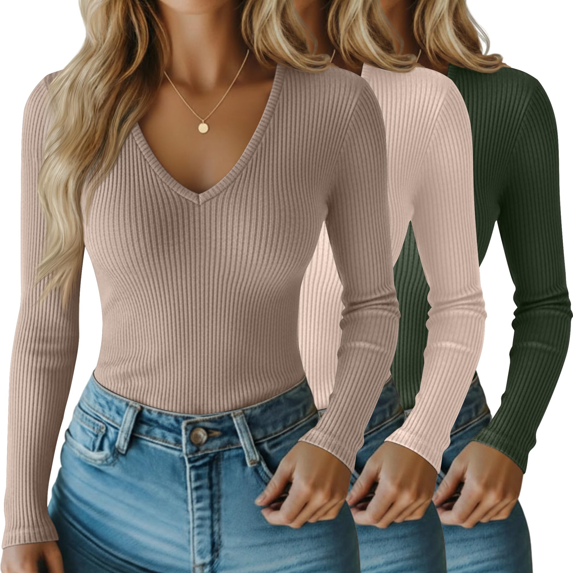 Riyiper 3 Pack Women Long Sleeve Shirts, 95% Cotton V Neck Ribbed Knit Tops Slim Fit Casual Going Out Tee Shirts