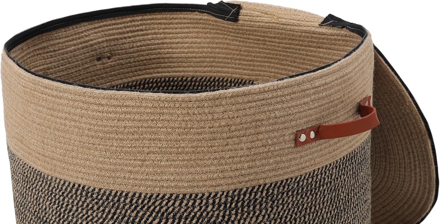 Extra Large Cotton Rope Storage Basket with Lid and Zipper, Versatile Laundry Hamper and Cloth Bin for Clothes, Towels, Blankets, Living Room Organization (Jute, 20"x15")
