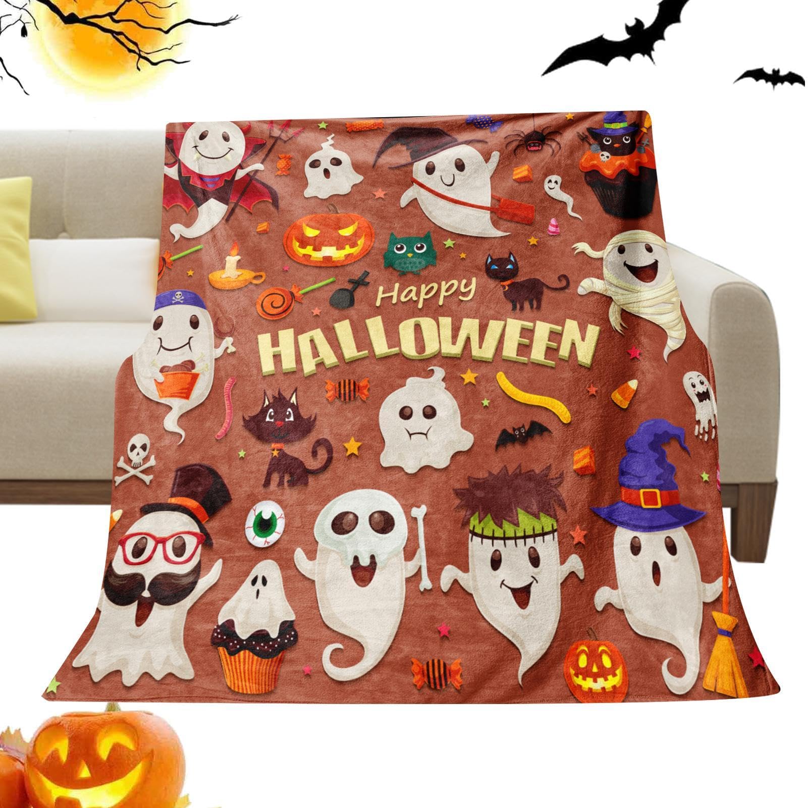 Couverture d'Halloween fantôme et citrouille en polaire douce pour lit