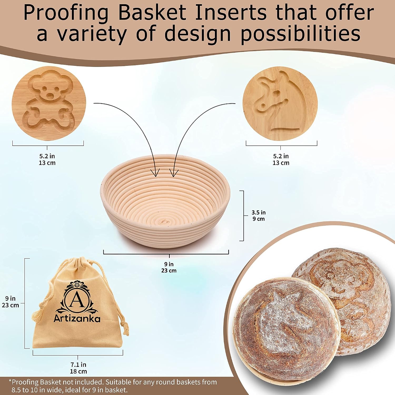 Removable Patterns for Proofing Basket - Unique Wooden Bear & Unicorn Round Banneton Bottom Inserts - Tools for Decorating Bread - Includes Cotton Bag & Instruction Manual (Patterns Only)
