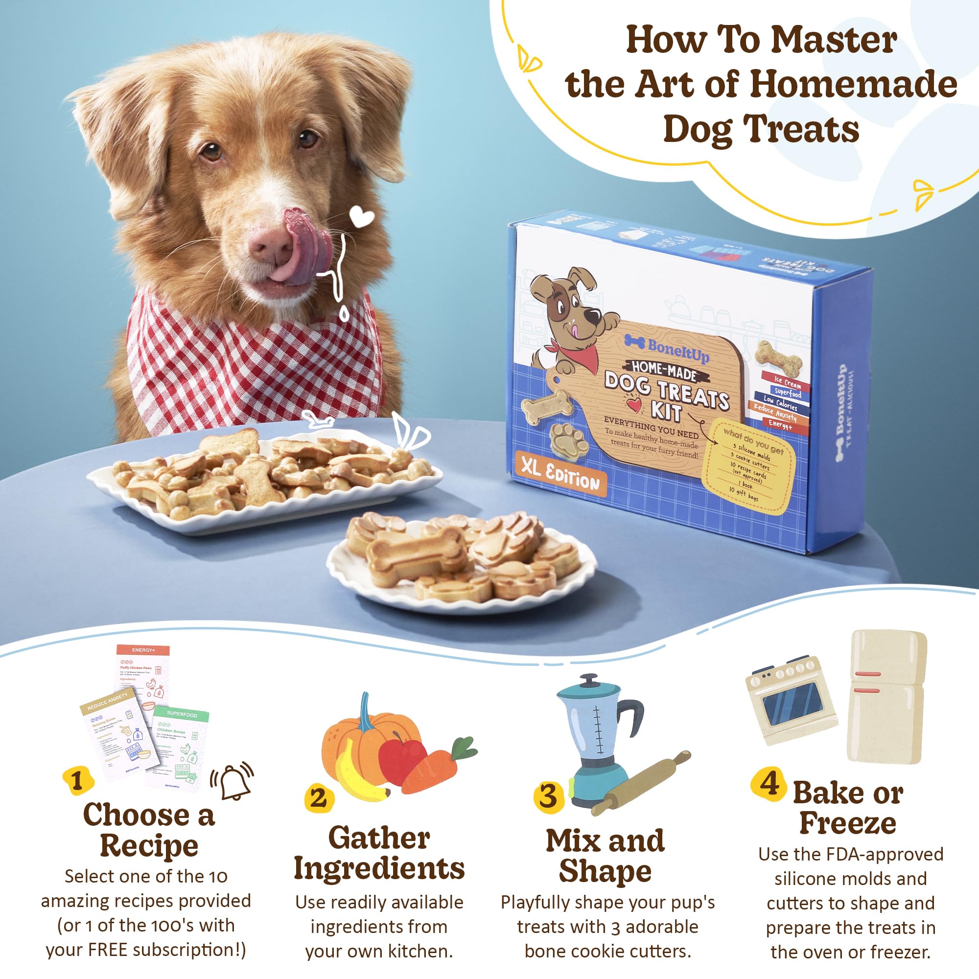 BoneItUp Kit de friandises pour chien fait maison – Kit de cuisson de friandises pour chien à faire soi-même avec moules, emporte-pièces, recettes et sacs cadeaux – Friandises de dressage biologiques
