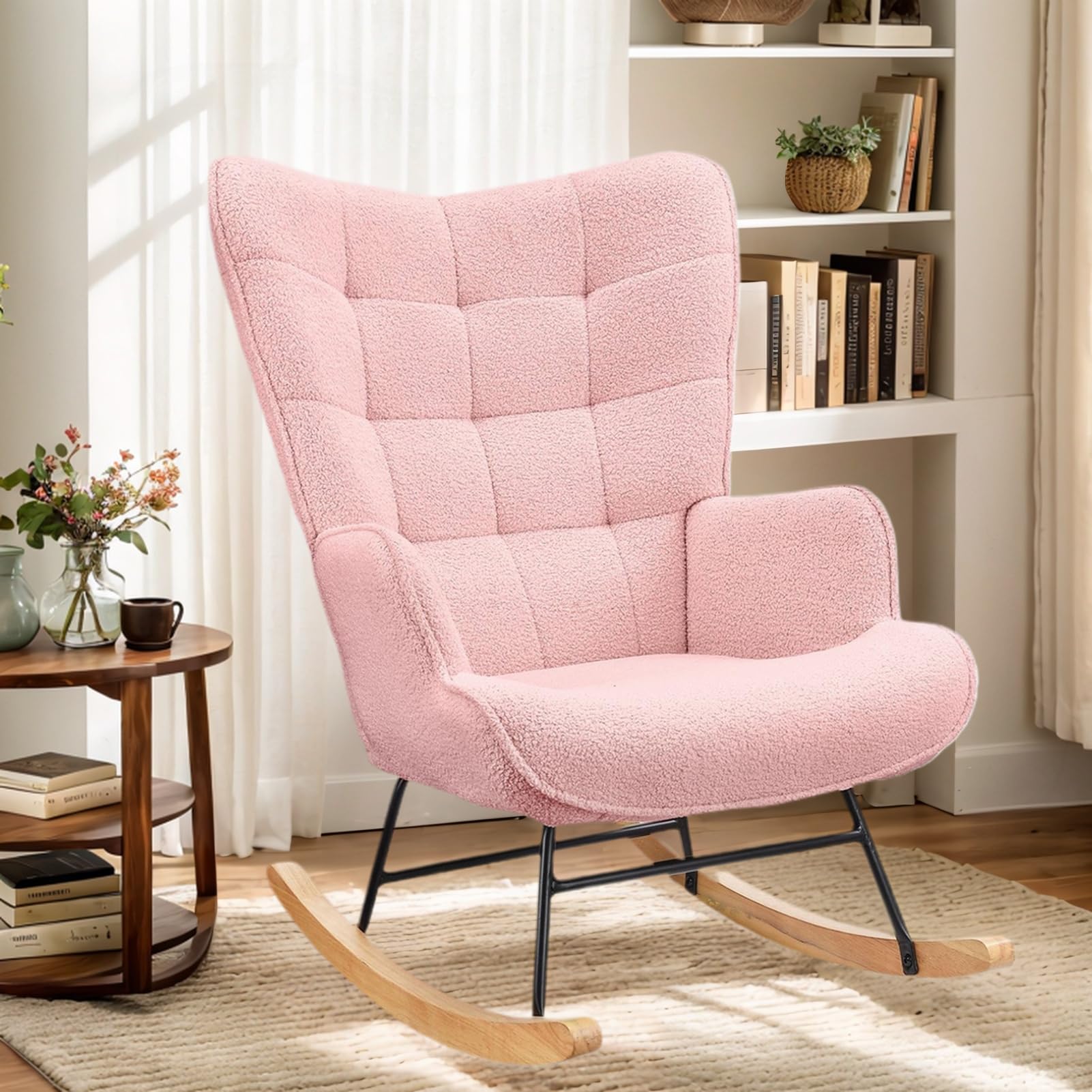Sedia a dondolo, sedia a dondolo, imbottita, per soggiorno, camera da letto, portata fino a 130 kg, rosa, 75 x 68 x 92 cm