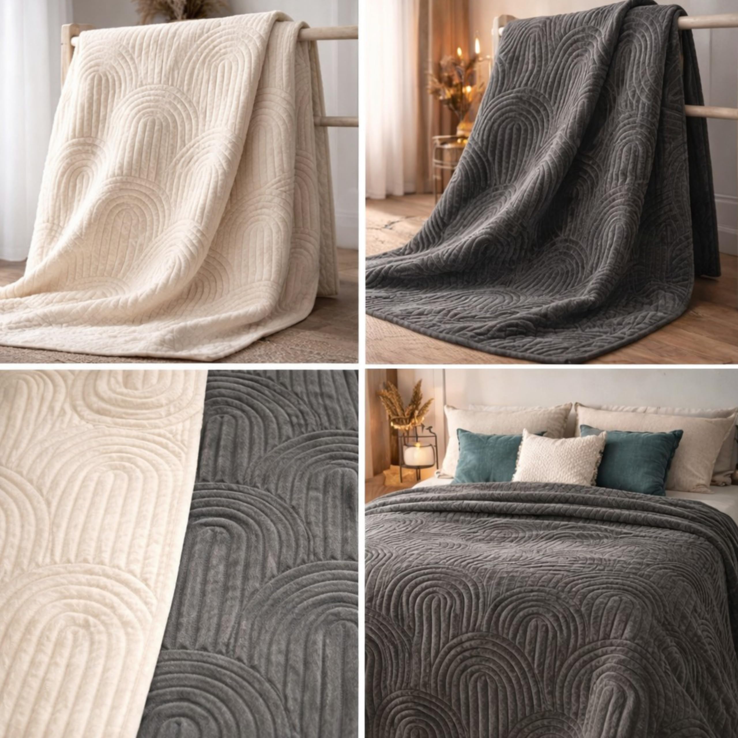 Tagesdecke 240x260 Bettüberwurf Tagesdecken - Boho Style Samt Decke Bett Überwurf Bedspread Sofaüberwurf Sofa Steppdecke Überwurfdecke Überdecke, Creme