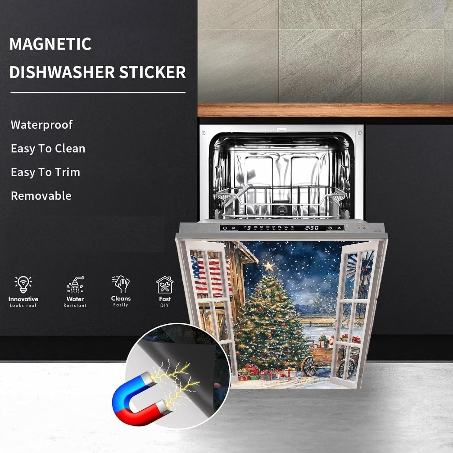 Window Christmas Tree Magnetic Dishwasher Cover Decal, Christmas Tree Moonlight Dishwasher Panel Decal, Christmas Kitchen Decor Sticker, 23"x26" Ordinary