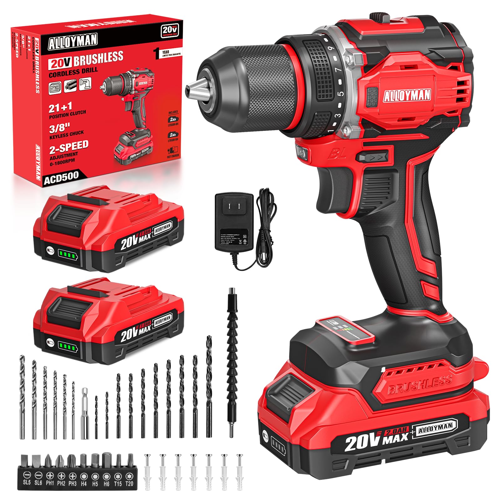 Alloyman Trapano Avvitatore a Batteria 20V MAX, Motore Brushless, 1800 giri/min, Max 60 Nm, Mandrino metallico autoserrante 3/8", 21+1 livelli di coppia, Set Trapano per calcestruzzo, metallo e legno