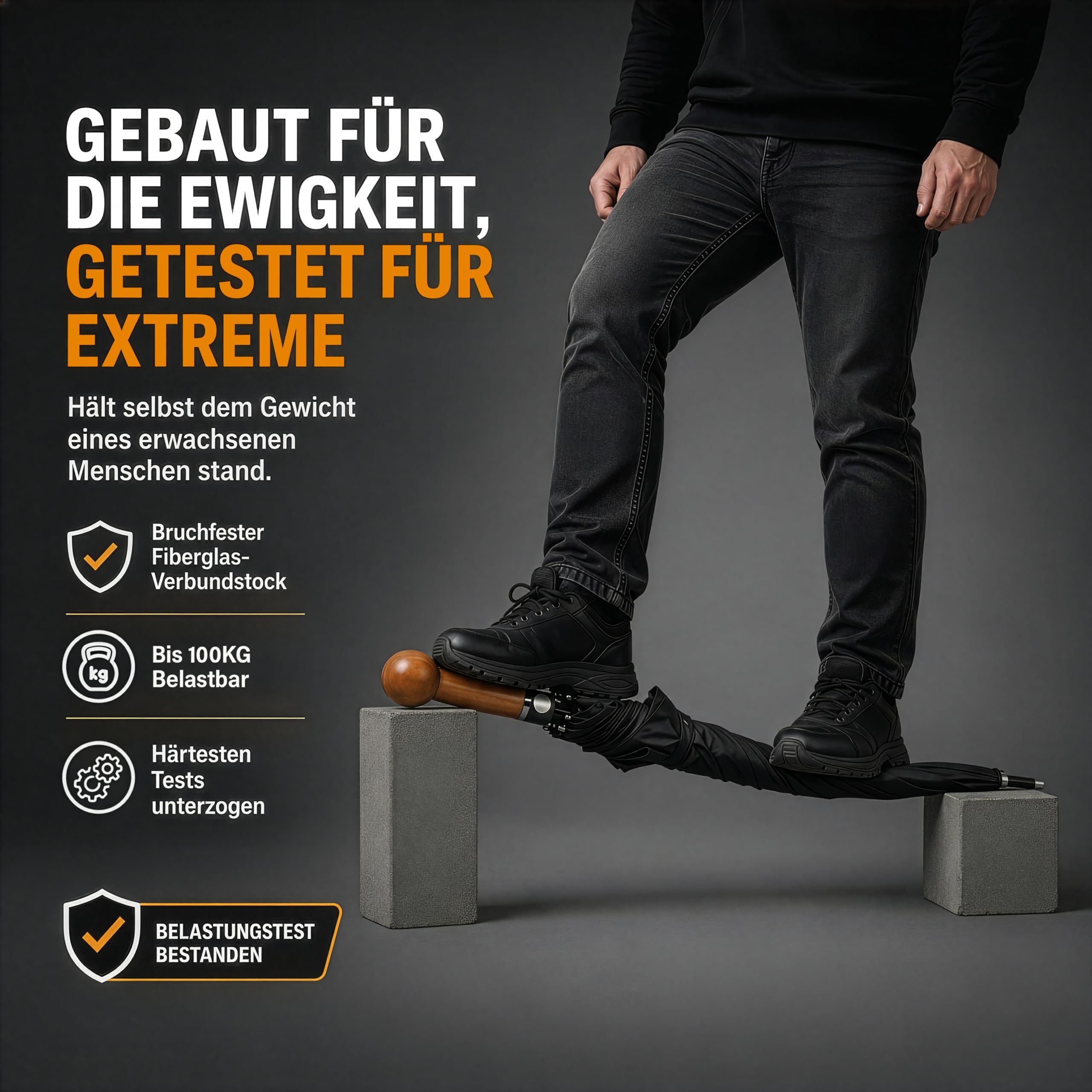 Sicherheitsschirm Selbstverteidigungsschirm XXL – Extrem stabil & nahezu unzerbrechlich – Fiberglas-Kern – Massivholzgriff – Sturmfest für 2 Personen – Regenschirm Selbstverteidigung schwarz