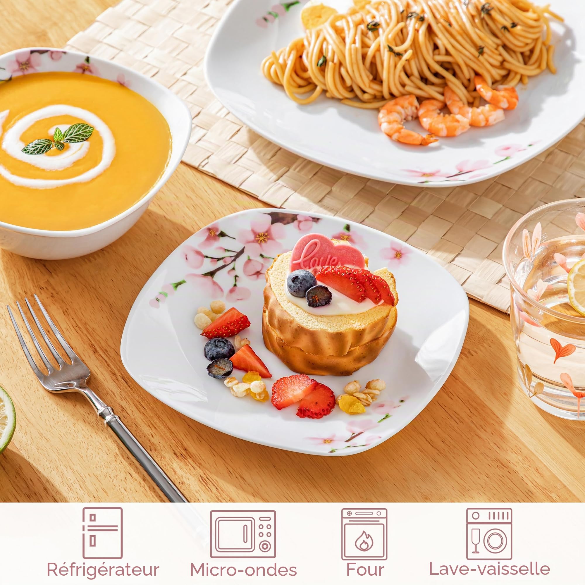 VEWEET Service de table en porcelaine avec motif floral rose, 12 pièces comprenant assiettes, assiettes à dessert et bols à céréales, série Annie