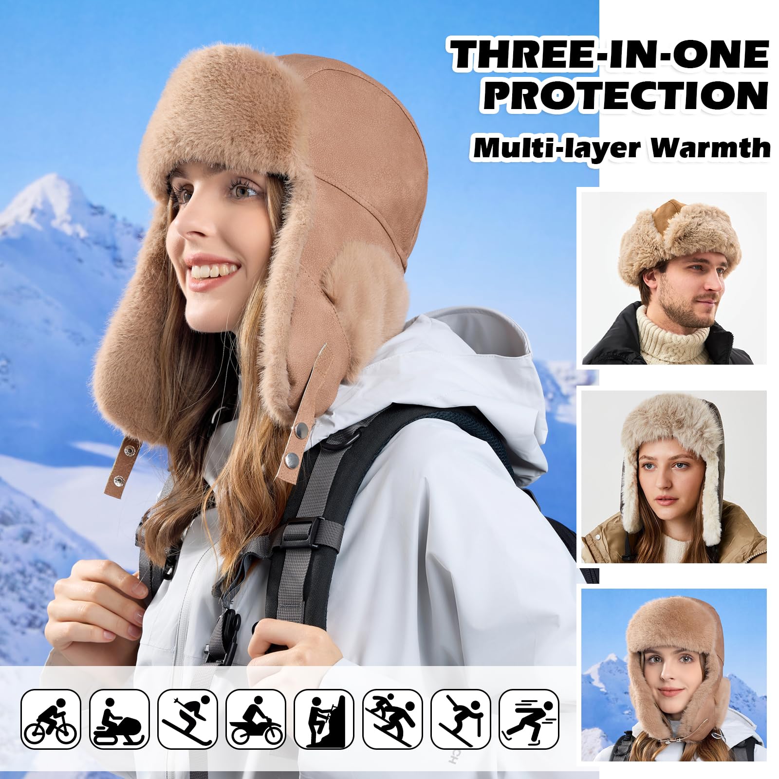 TAGVO Chapeau Trappeur d'hiver, Chapka Russe Décontractée pour Hommes et Femmes, Ushanka Bomber avec Protège-Oreilles, Chapeau Eskimo Doublé en Polaire et Coupe-Vent pour Temps Froid