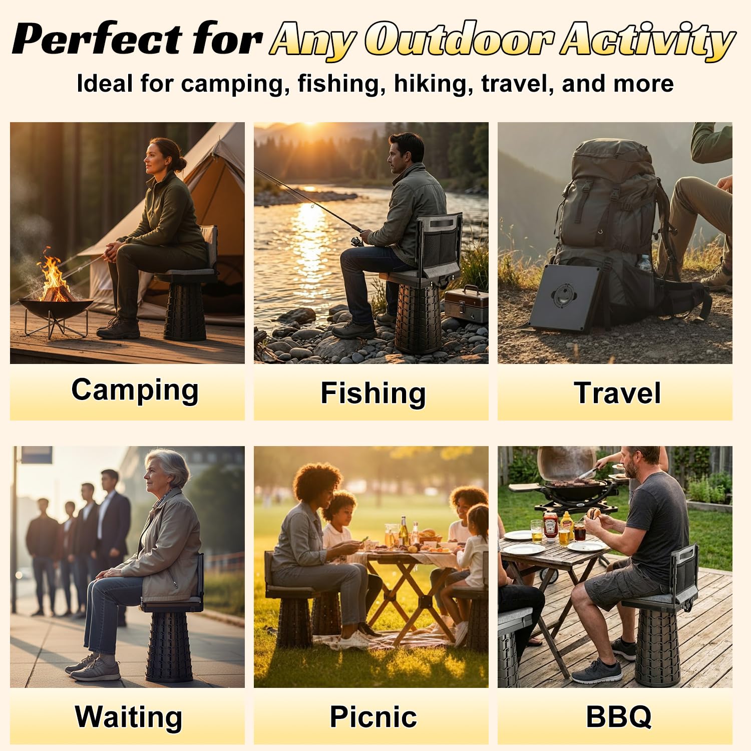 Teleskophocker mit Rückenlehne und dickem Kissen, klappbarer Stuhl für Camping Angeln Reisen BBQ