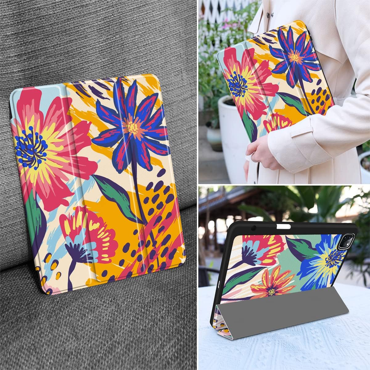 MEEgoodo for iPad Pro M2 12.9 Case 6th/5th/4th/3rd Generation 2022 2021 2020 2018 with Pencil Holder, Tablet Cover with Soft TPU Back Shell, Art Painted Flowers - Image 7