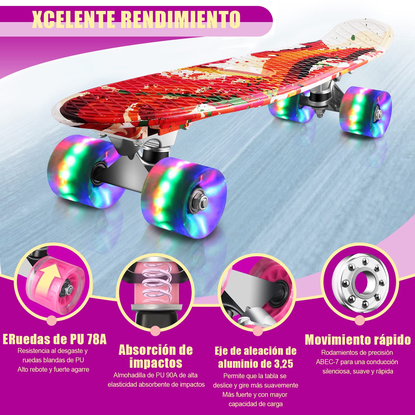 Monopatín Skateboard Completo Niños con 4 Ruedas LED para Niño y Niña Penny Board Mini Cruiser de 55CM con Herramienta T de Patinete Todo-en-uno