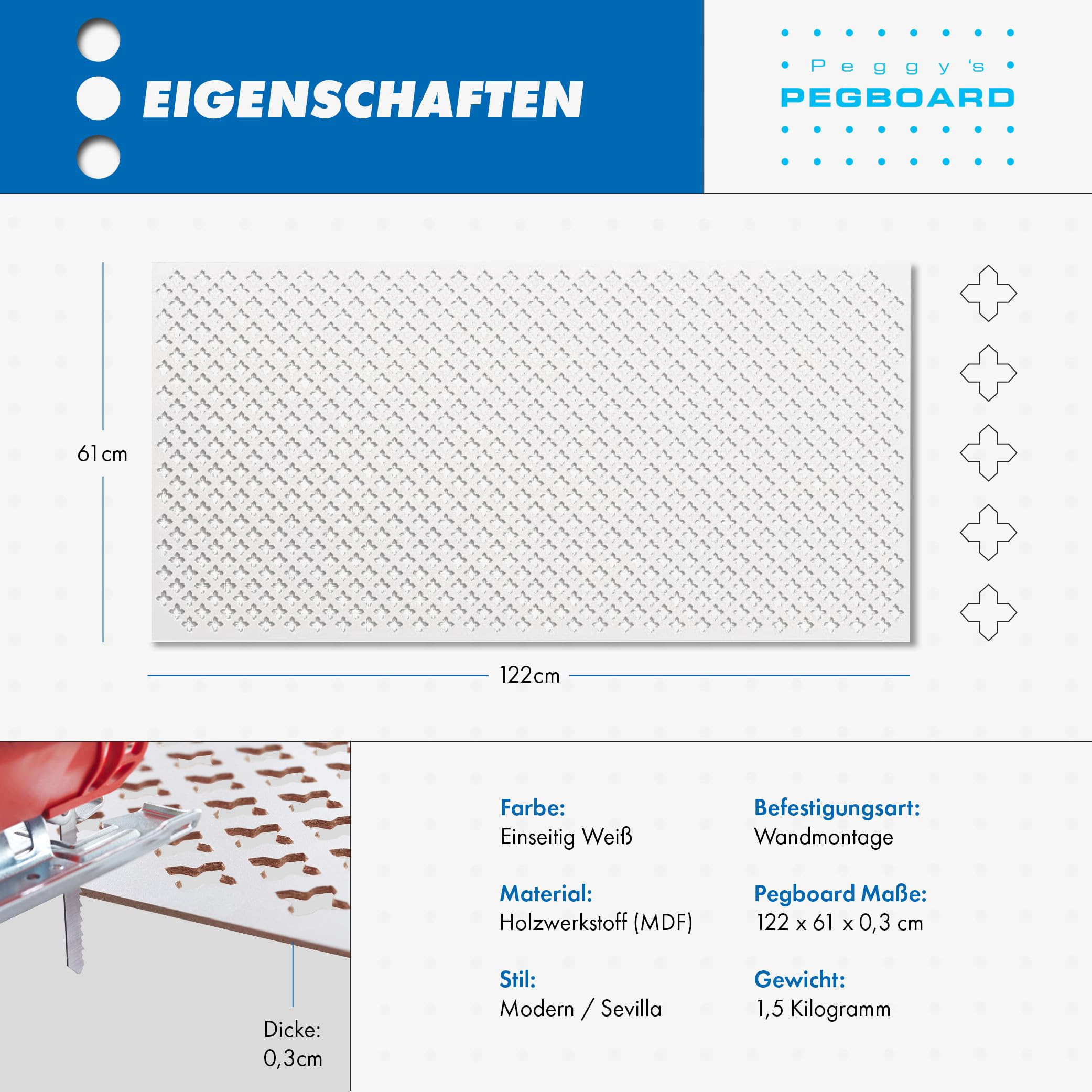 Pegboard Sevilla, parete forata 122 x 61 x 0,3 cm, pannello in legno MDF laccato bianco, prodotto in Germania, rivestimento termosifone, riempimento porta, paravento o griglia di ventilazione
