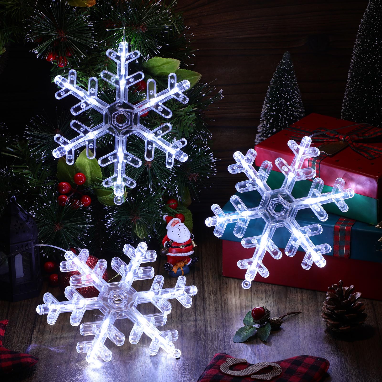 Tujoe Lot de 10 lumières de fenêtre lumineuses avec minuterie, ventouse, fonctionnement à piles pour Noël, Nouvel An, extérieur et intérieur (blanc, flocon de neige)