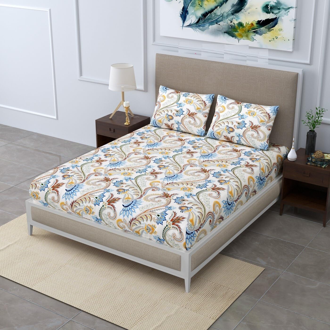 Yellow Glace Cotton Bedsheet - Fitted Sheet with Pillowcase -9