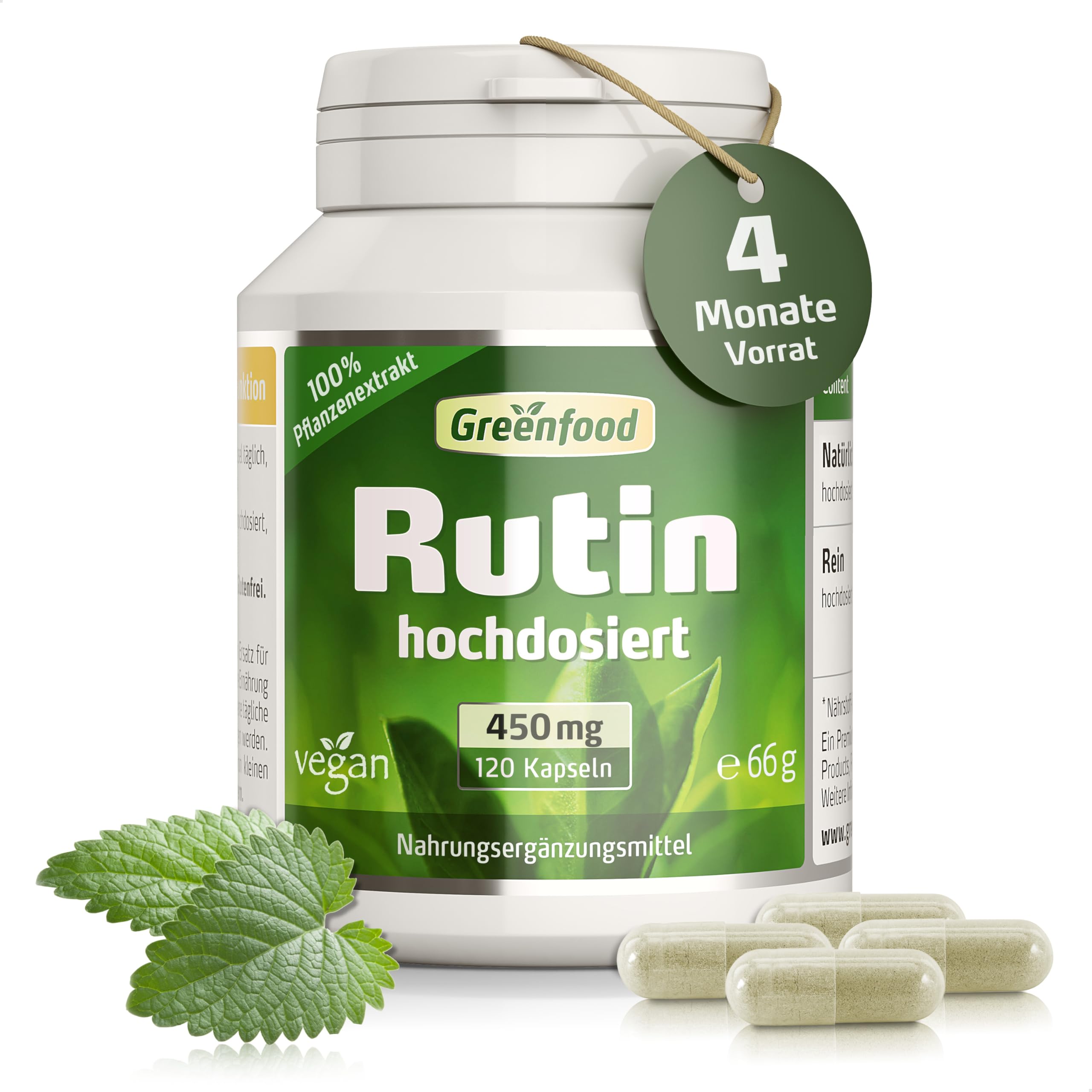 Rutin Kapseln, hochdosiert, 450mg - 120 Kapseln, vegan. Reines, pflanzliches Naturprodukt. OHNE künstliche Zusätze - laborgeprüft. Von Greenfood.