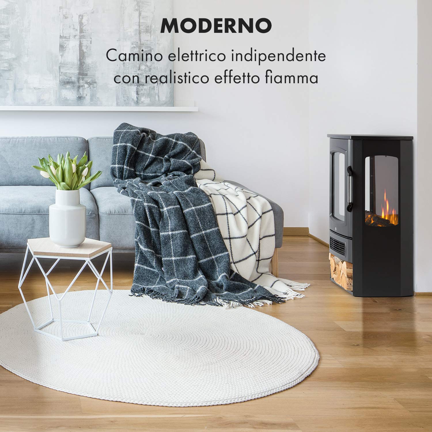 Klarstein Camino Elettrico, Caminetto Elettrico 2000 W, Camino Finto a Riscaldamento Elettrico a Basso Consumo, Fuoco Finto LED, Spazio per Legna, Termocamino, Termostato