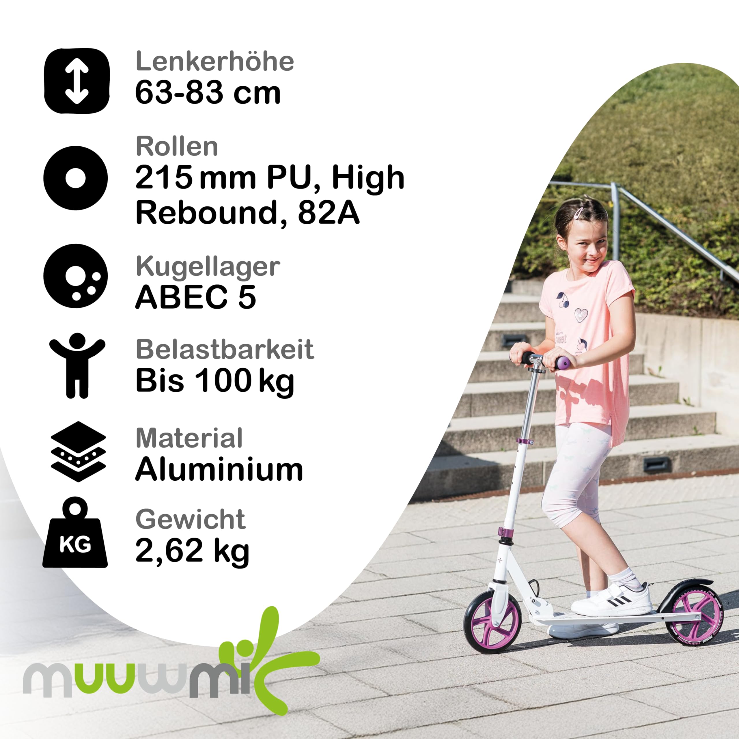 Muuwmi Aluminium Scooter – Tretroller, 125 mm, ABEC 5, GS geprüft, höhenverstellbar, Maximale Tragkraft - 100 Kilogramm