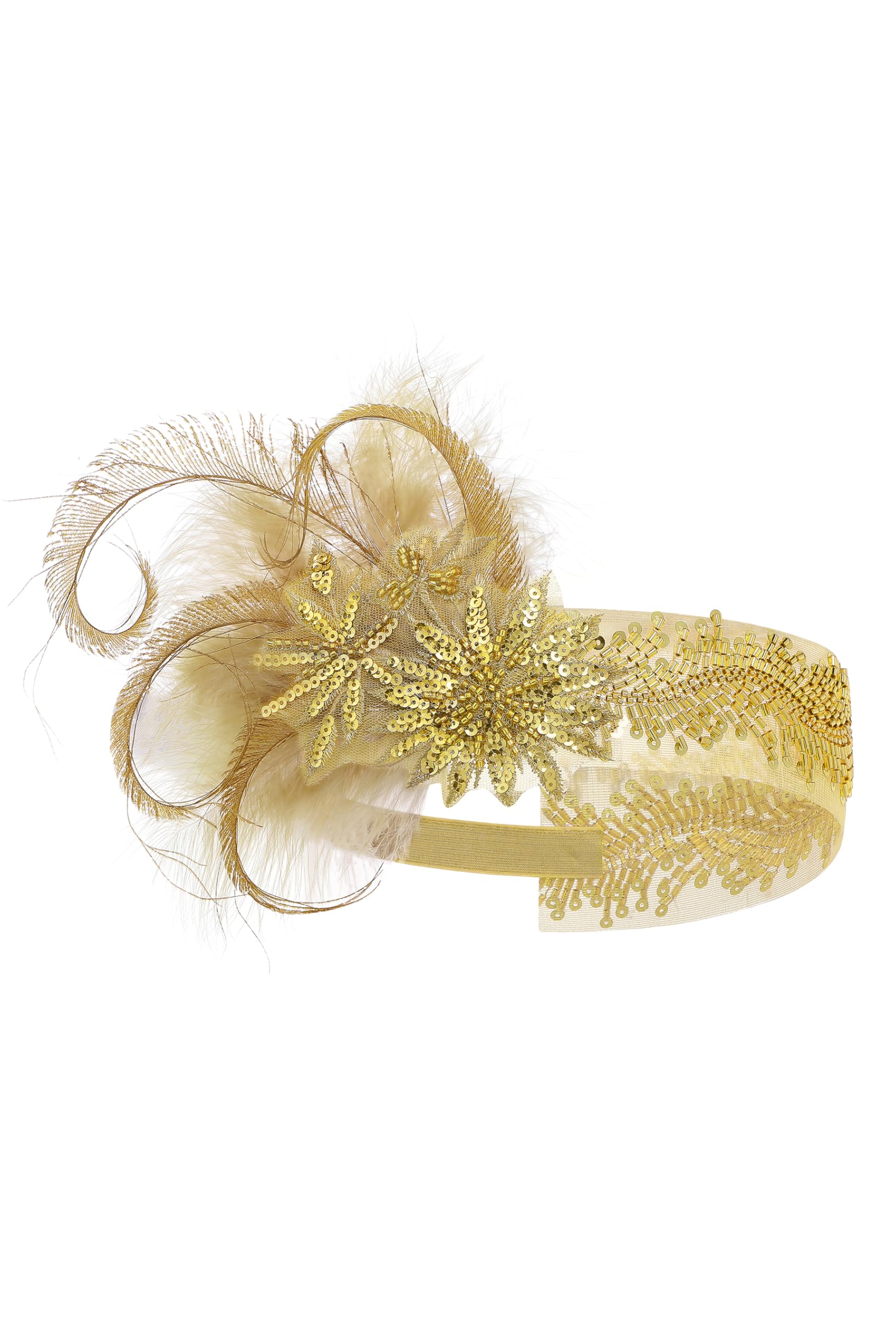 BABEYOND 1920er Jahre Feder-Flapper-Kopfschmuck – Gatsby Perlen-Pailletten-Stirnband, brüllende 20er-Jahre Accessoires für Damen (Gold)