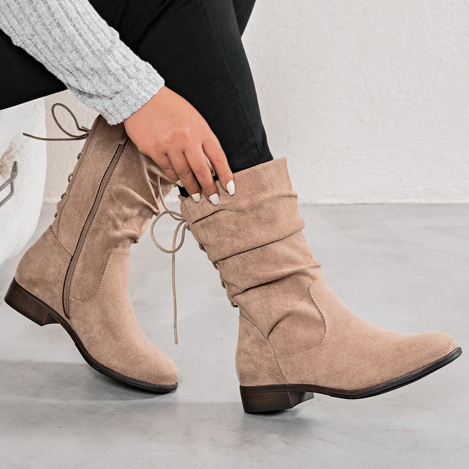 Luoika Women's Wide Width Ankle Boots - Low Heel Side Zipper Slouchy Mid Calf Boots Short Booties. - Image 2