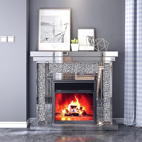 Muzz Chimenea electrónica de espejo, calentador de chimenea independiente con efecto de llama realista 3D, calentador eléctrico con control remoto