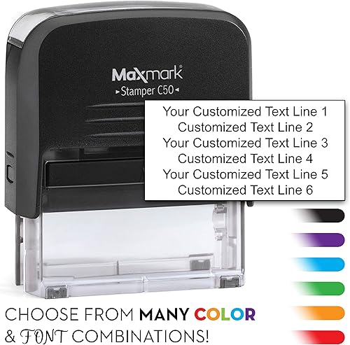 MaxMark Sello autoentintado personalizado, hasta 6 líneas de texto, tamaño XL, elige entre 15 colores de tinta