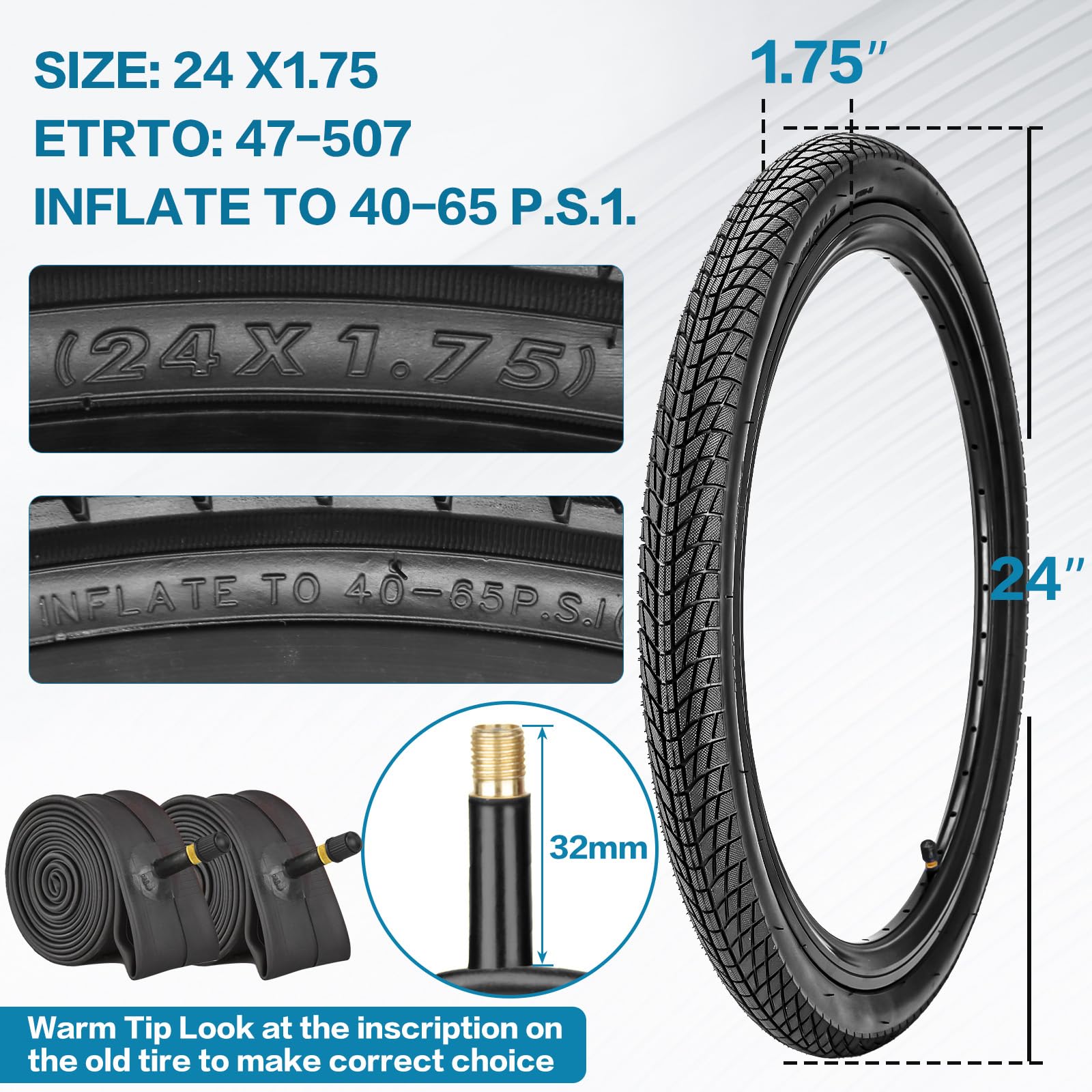 Faltbare Reifen & Schläuche, 32 mm Schrader-Ventil mit Reparaturset, Felgenleiste, Hebel für MTB, Hybrid, Pendler, Stadtfahrräder, 2 Stück, 50,8 cm / 61 cm / 66 x 4,4 cm