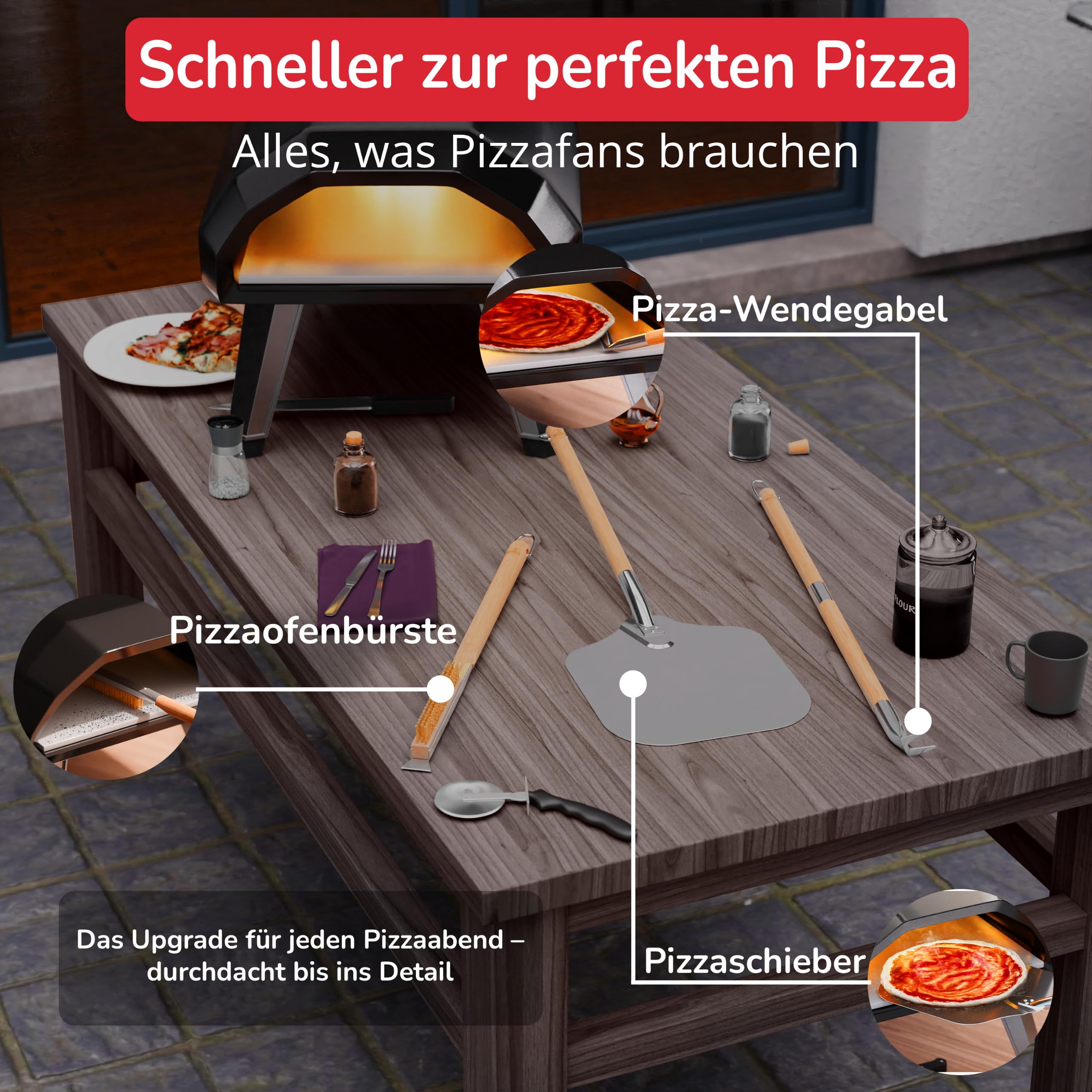 Senwosa Pizzaofen Zubehör Kit - Premium 6-teiliges Set für Zuhause Pizza Herstellung - Pizzaschieber, Backofen/Steinbürste, Pfannenwender/Bubble Popper, Cutter Rocker, Teigwalze, Teigschaber
