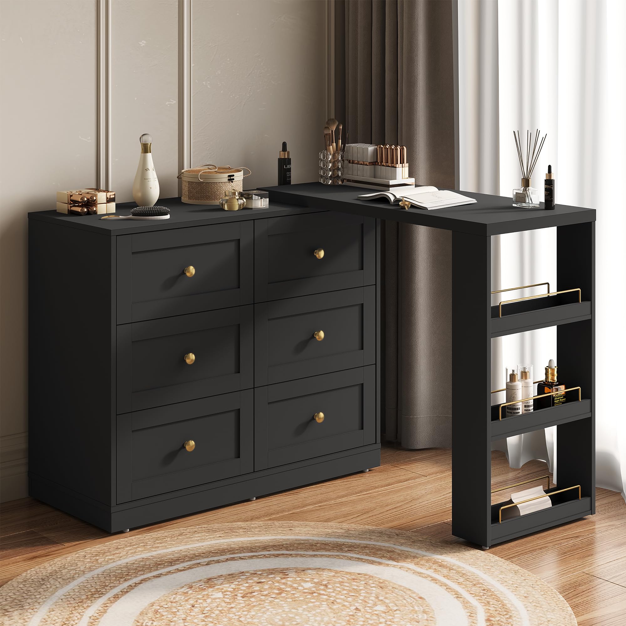 67 Extendable Vanity Desk Dresser Combo 6 Drawers 3 Shelves Wood Corner Black