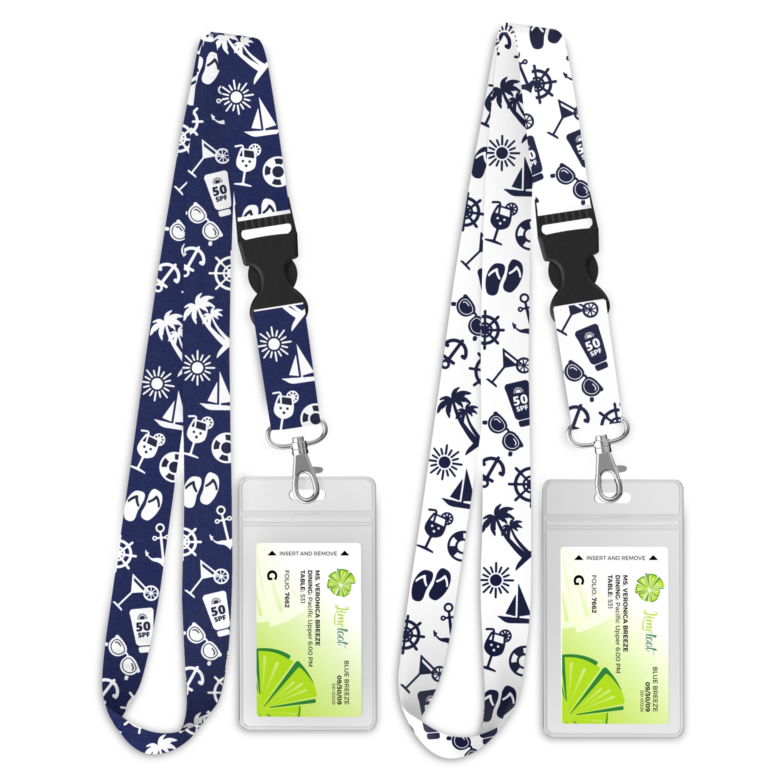 Limeloot 2-Pack Cruise Lanyard for Ship Cards | Silky Soft Cruise Lanyards with ID Holder and Detachable Buckle | Waterproof Cruise Ship Card Holder | Navy Blue and White Set