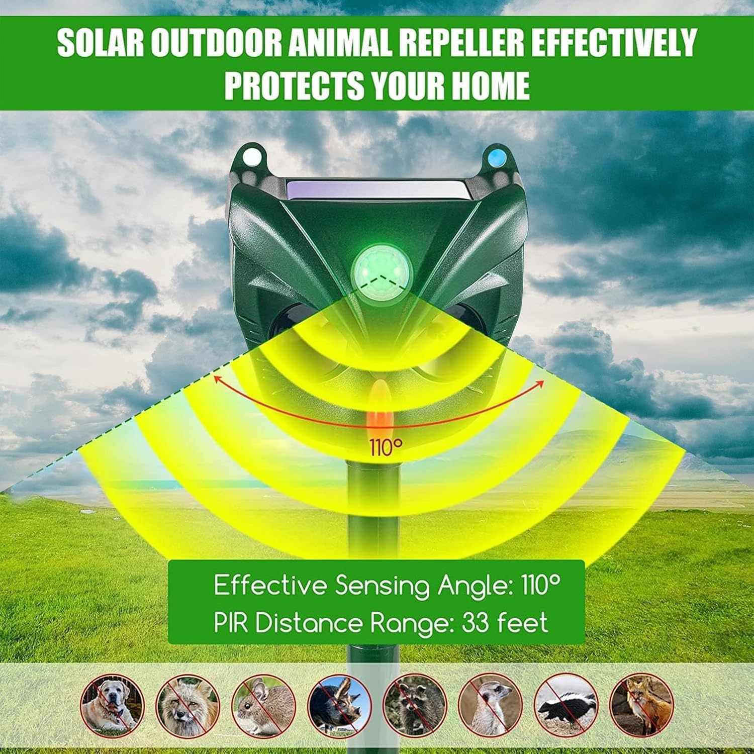 Repelente de gatos, repelente ultrasónico de animales, 5 modos, solar y recargable, disuasorio de animales para ciervos, perros, conejos, zorrillos, pájaros, para jardín al aire libre (RC546)