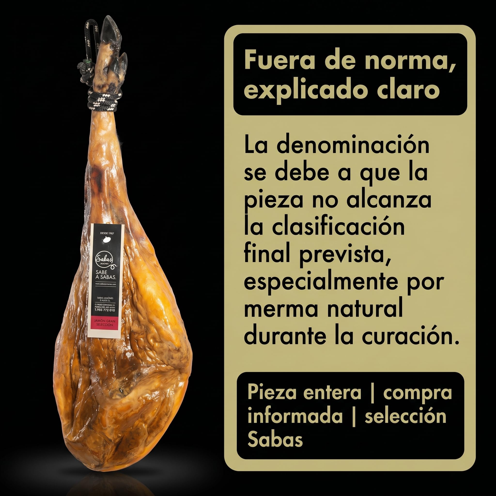 Jamon Duroc Gran Seleccion Curado 24 Meses Pieza Entera con Hueso 7 kg | Peso aproximado de siete kilos, secado lento en bodega, sin sulfitos declarados; para regalo, hosteleria, Navidad y eventos