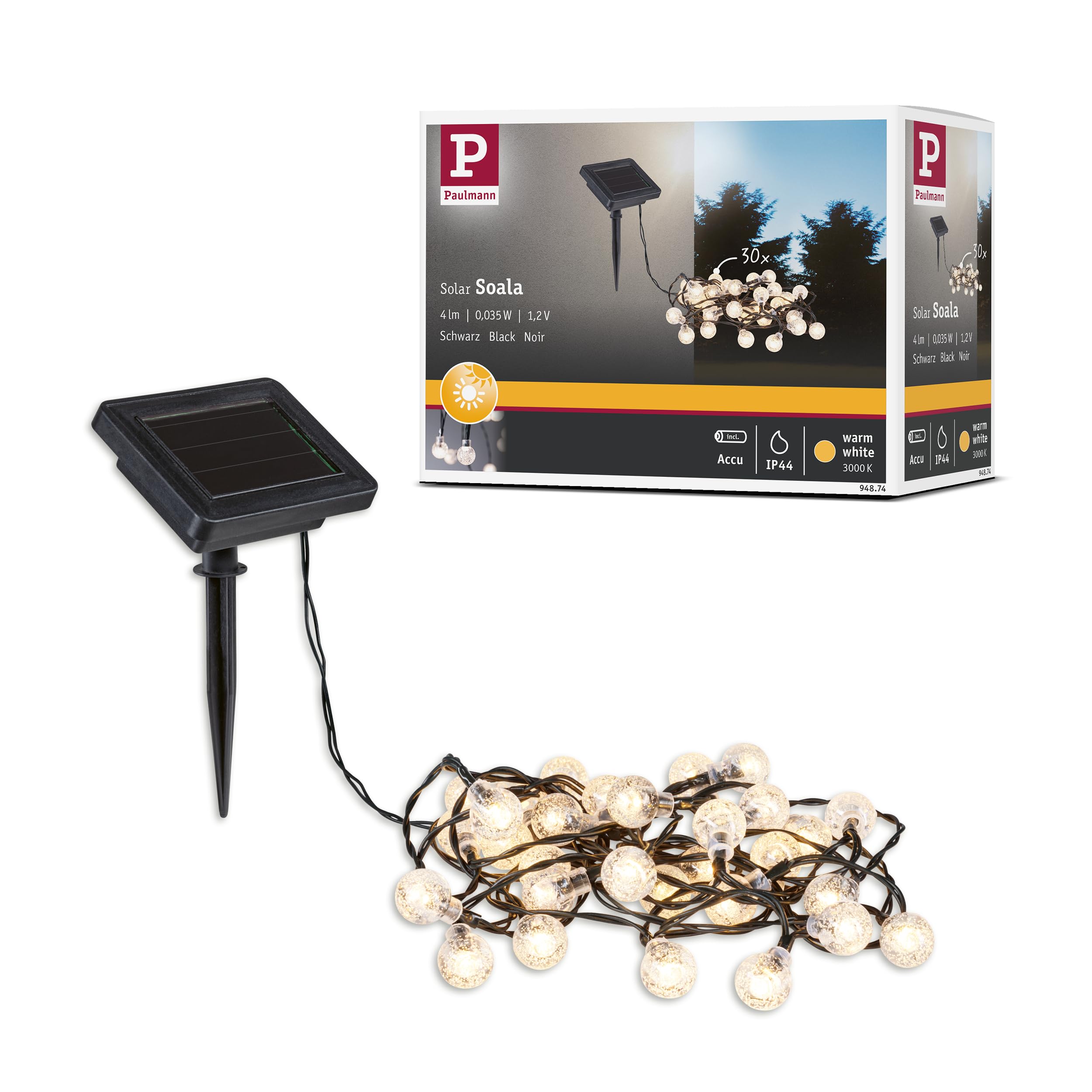 Paulmann 94874 Solar Lichterkette Soala – IP44, 3000 K, Schwarz
