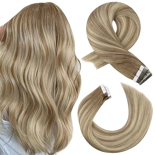 Moresoo Extensiones de cabello humano con cinta adhesiva, balayage, ombré, marrón ceniza a rubio, mezcla con extensiones de cabello rubio claro,