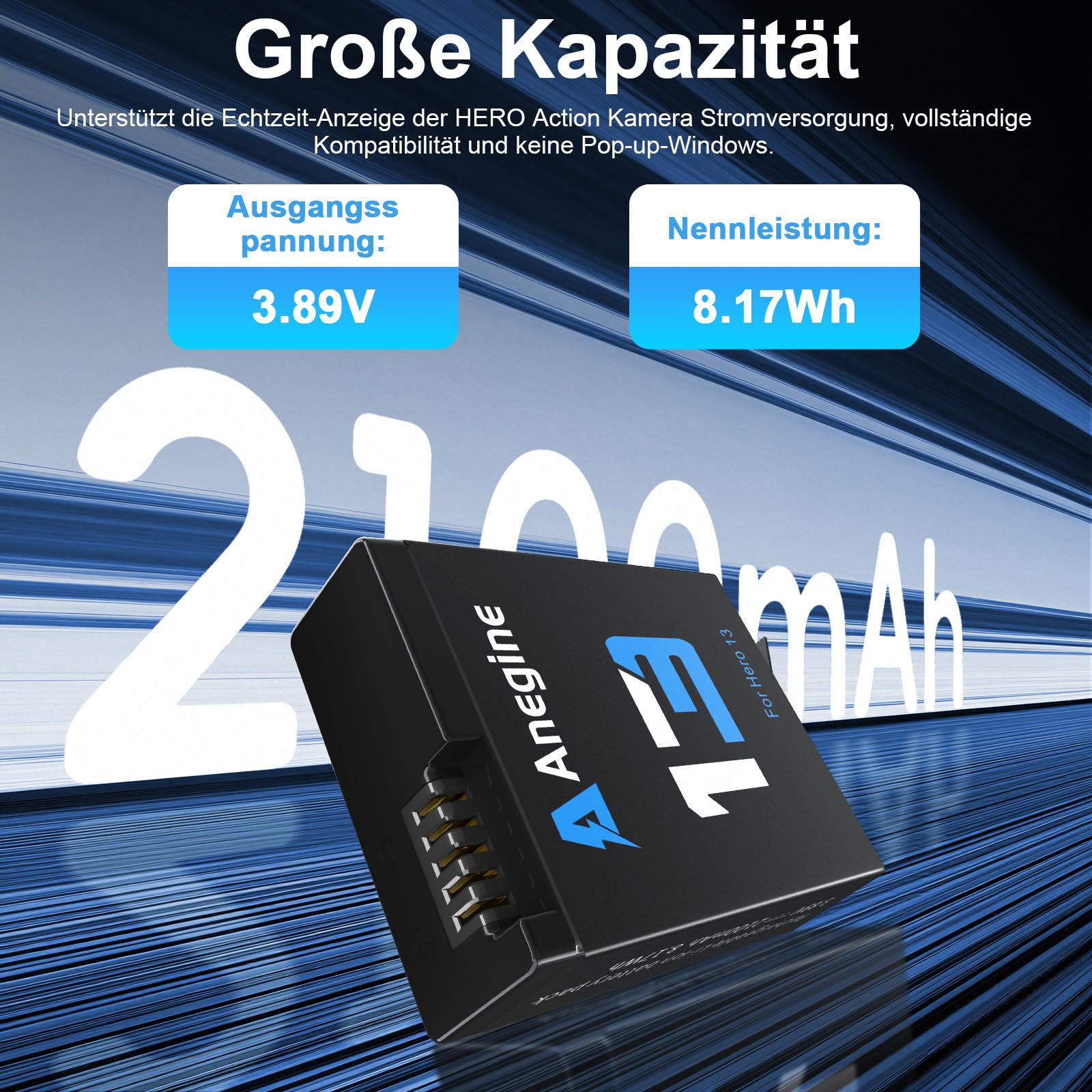 Anegine Hero 13 Akku 2100mAh und LED 3-Kanal USB Speicherladegerät für Hero 13 Black Enduro Wiederaufladbarer Akku mit Typ-C (2er-Pack)