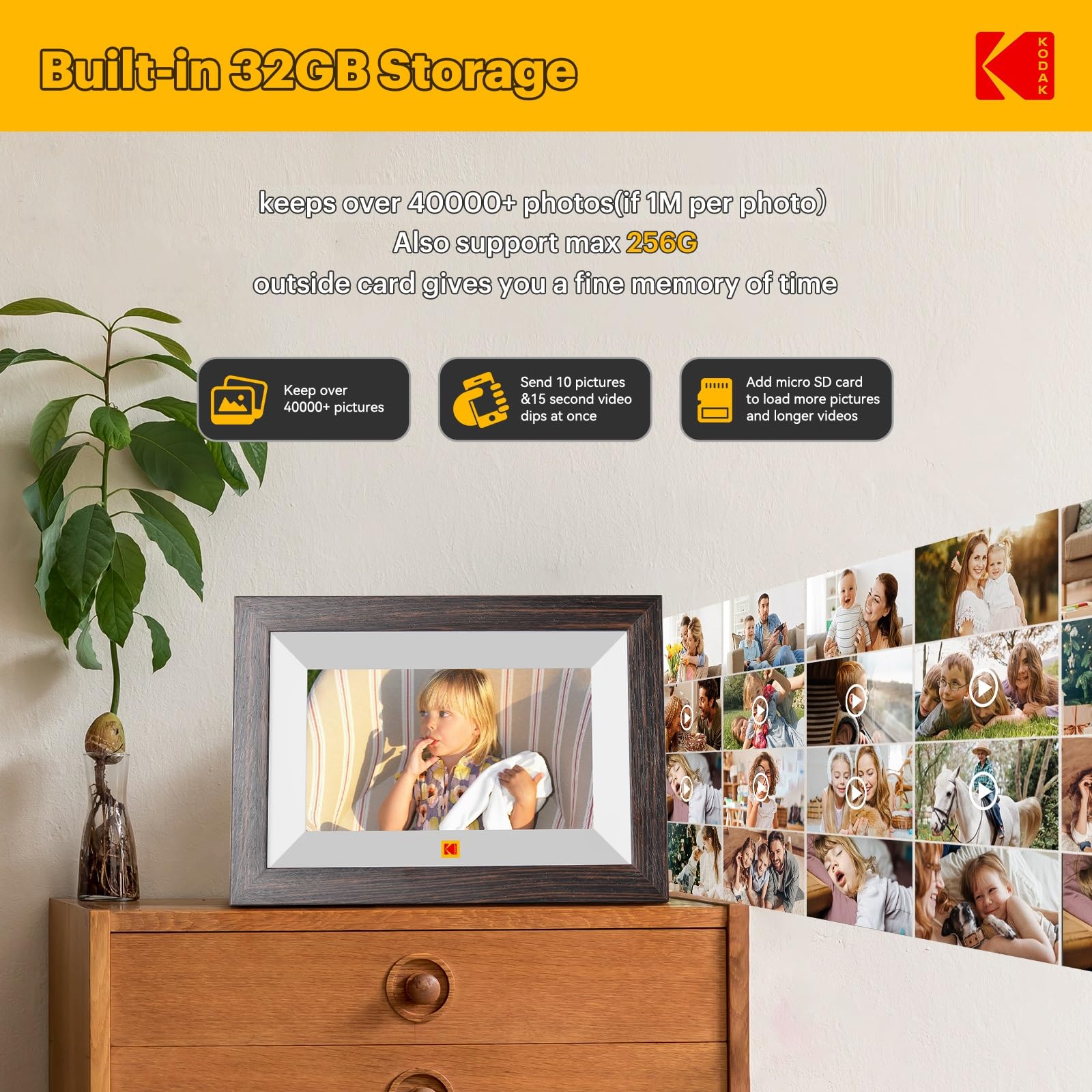 KODAK Marco de Fotos Digital, WiFi Marco Digital de Fotos 7 Pulgadas, HD IPS Pantalla Táctil, 32GB Marco Electrónico, Rotación Automática, Fácil Compartir para Fotos y Vídeos via App o Cable de Tipo C