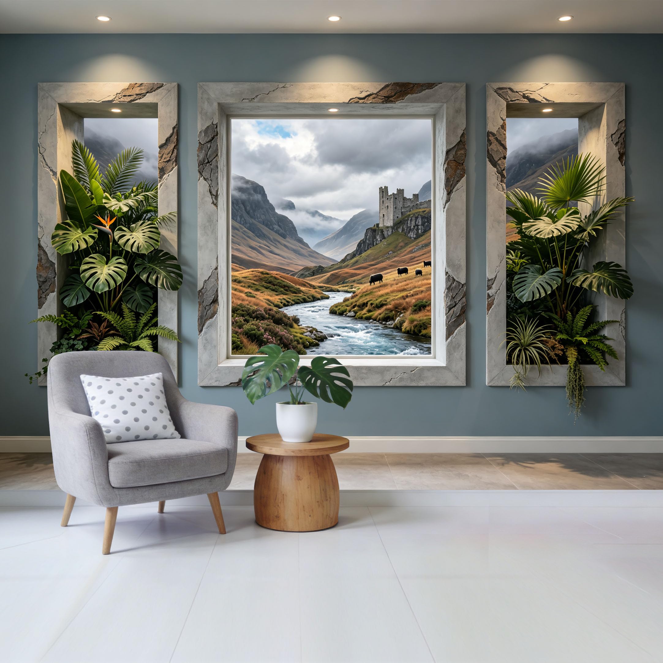 Custom Size Wall Mural Mountain River Valley Castle Landscape Botanical Tropical Plants Removable Self Adhesive Fabric Home Wall Decor for Living Room Bedroom Bathroom