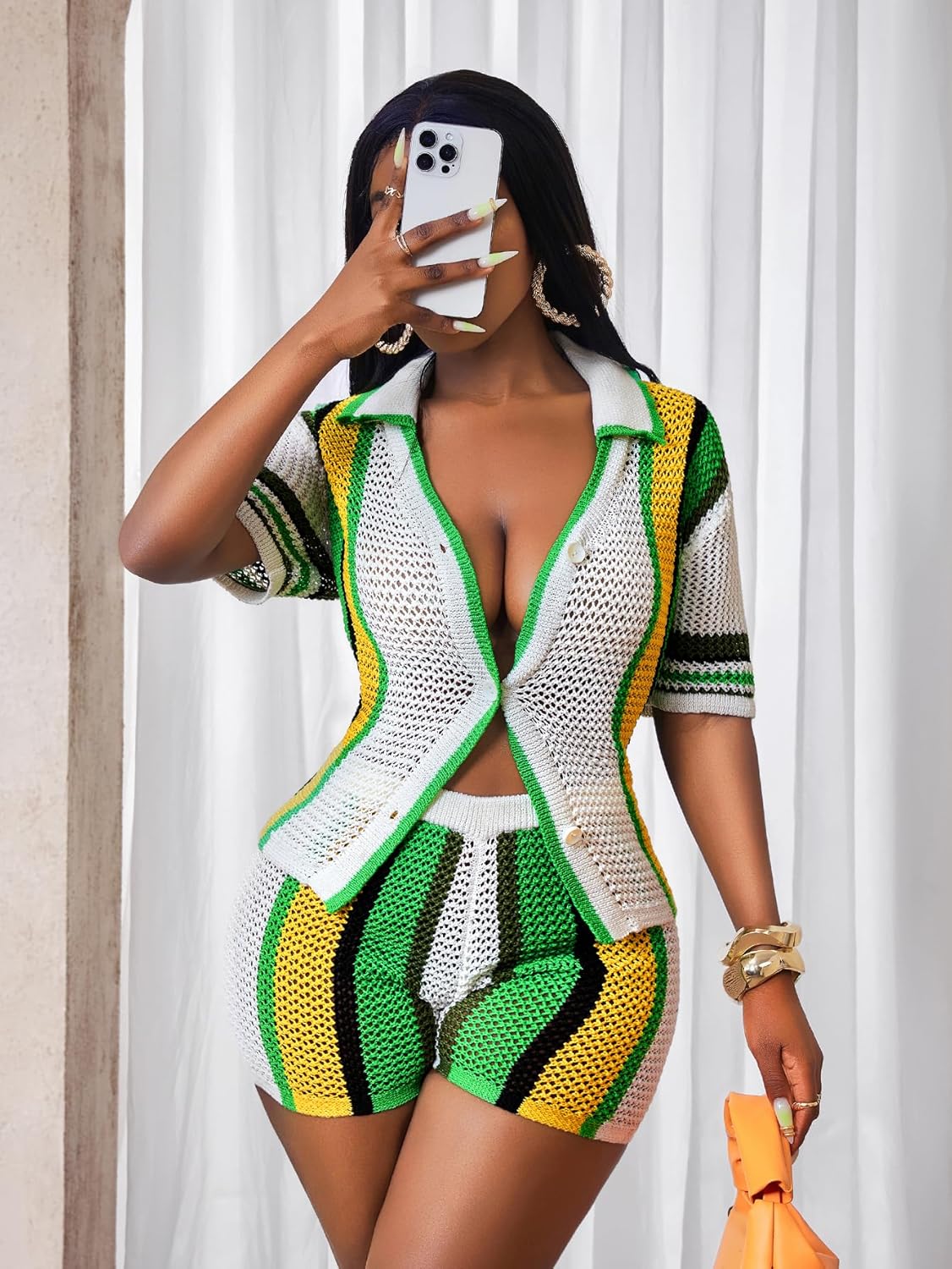 SEGT Women's 2 Piece Sexy Short Sets Knit Hollow Out Outfits V Neck Color Block Short Sleeve Button Down Shirt and Shorts Set - Image 5