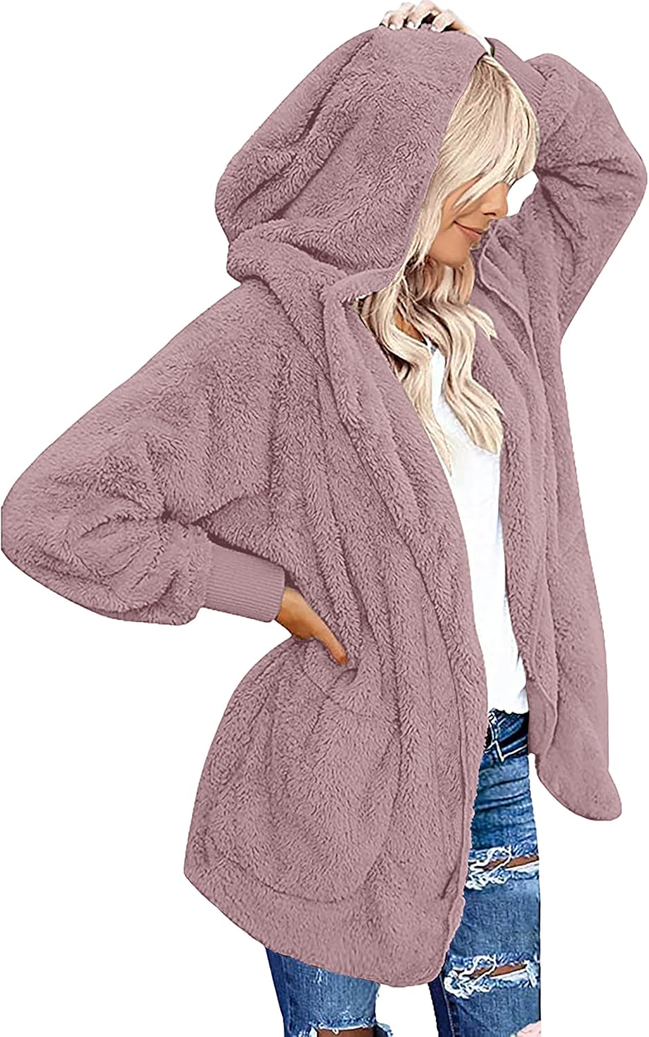 CHICGAL Womens Fuzzy Jacket Hooded Cardigan Open Front Sherpa Coat Outwear with Pockets